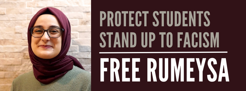 A headshot of Rumeysa Ozturk, a young woman who wears a hijab and glasses, positioned along side text that reads "Free Rumeysa."