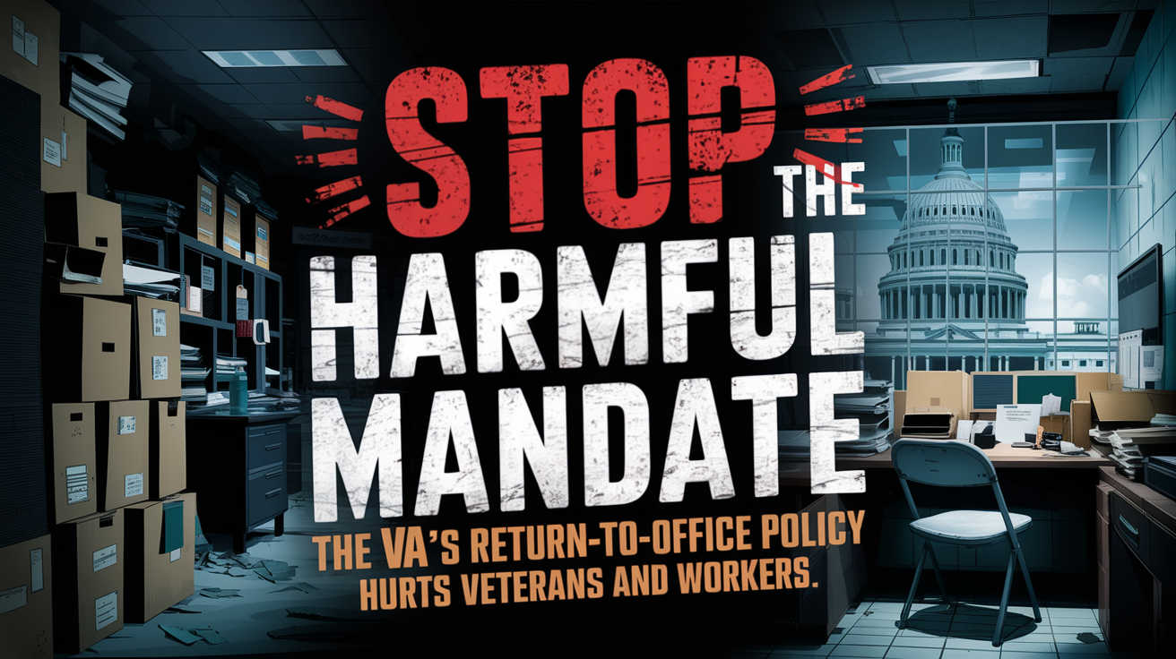 Graphic reads “STOP THE HARMFUL MANDATE” with subtext “The VA’s return-to-office policy hurts Veterans and workers.” Background shows a cluttered, makeshift office and a faded Capitol building, using dark tones and red accents for urgency.