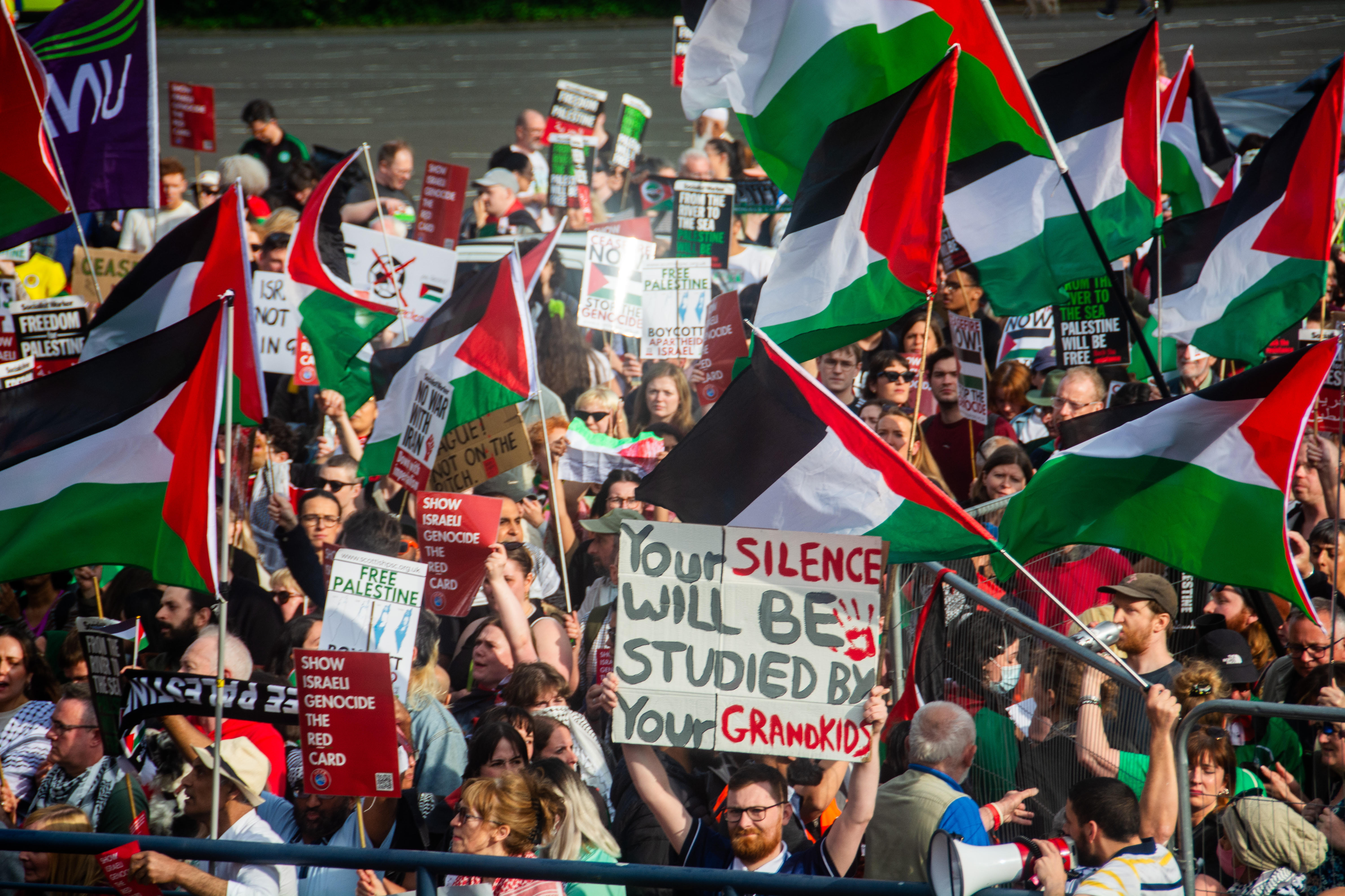 Image shows protest outside Hampden stadium when Israel women played in 2024