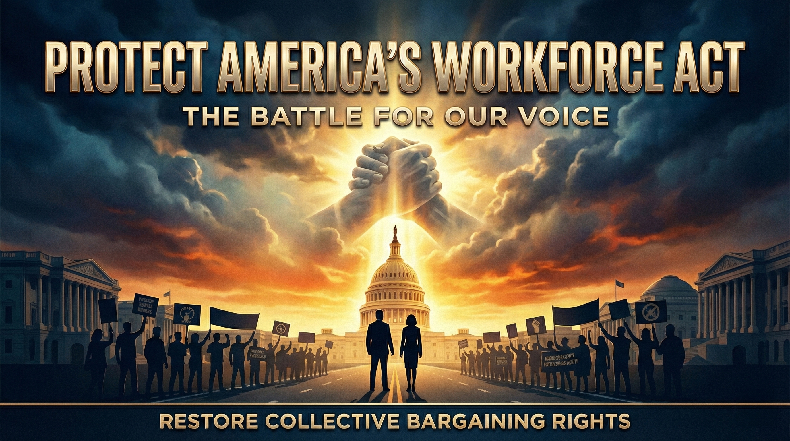 A dramatic poster depicting silhouetted protestors and workers marching toward the U.S. Capitol beneath giant glowing clasped hands to support the Protect America's Workforce Act.