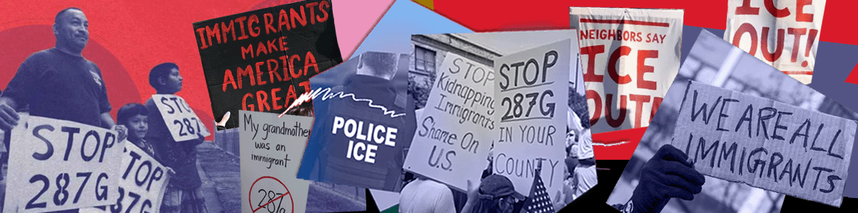 Montage of rallies against local law enforcement cooperation with ICE from image on websites of various orgs, including ACLU..