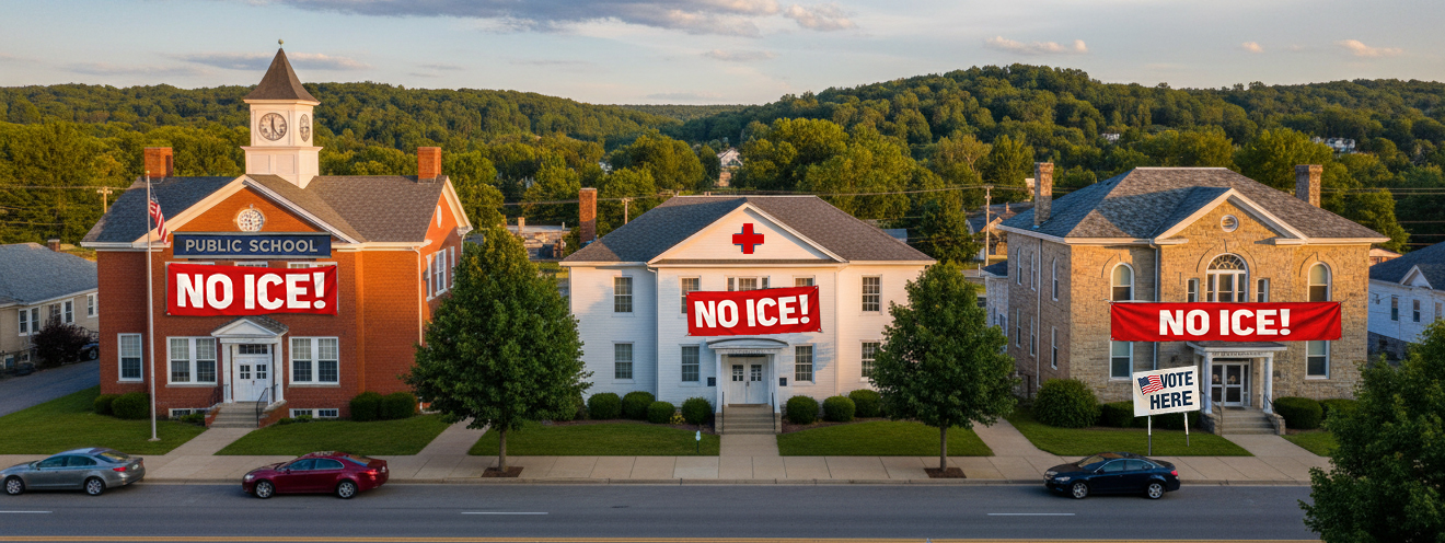 School, Hospital, and Polling Place with NO ICE! banners. 