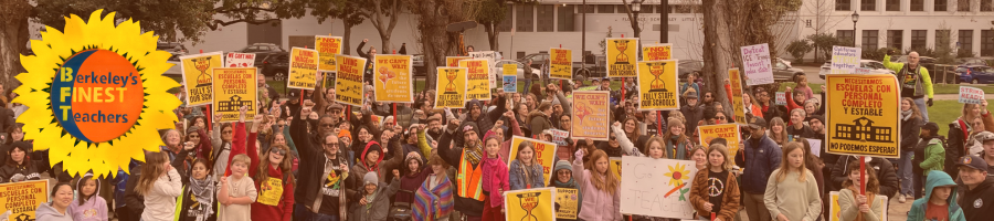 Berkeley Federation of Teachers members and community supporters rally at Civic Center Park to demand a fair contract.