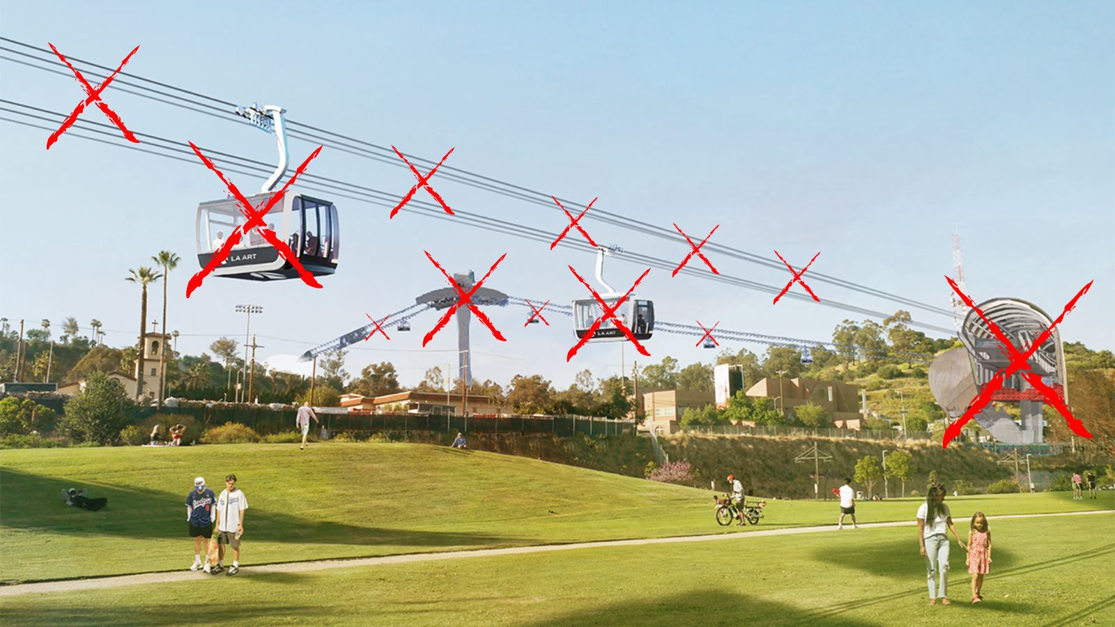Red x's over gondola cabins flying low over a park with people walking nearby a green hill. Red x over a gondola towers in the background