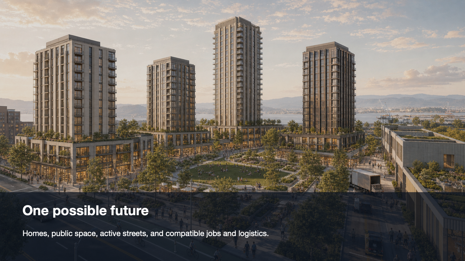 One possible future at 900 Seventh Street, with homes, public space, active streets, and compatible jobs and logistics.