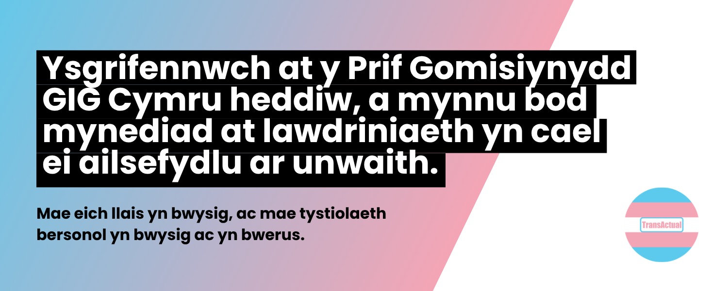 Ysgrifennwch at y Prif Gomisiynydd yn GIG Cymru heddiw, a mynnu bod mynediad at lawdriniaeth yn cael ei ailsefydlu ar unwaith. Mae eich llais yn bwysig, ac mae tystiolaeth bersonol yn bwysig ac yn bwerus.