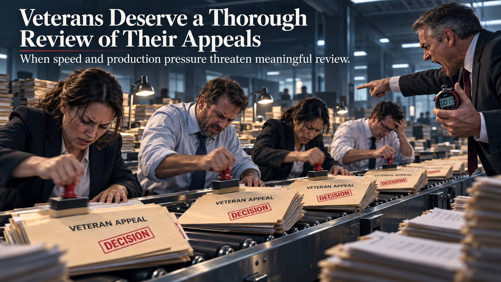 Headline "Veterans Deserve a Thorough Review of Their Appeals" over an illustration of four attorneys hunched over a conveyor belt, rubber-stamping manila folders marked "Veteran Appeal" with red "Decision" stamps while a manager holds a stopwatch and points.