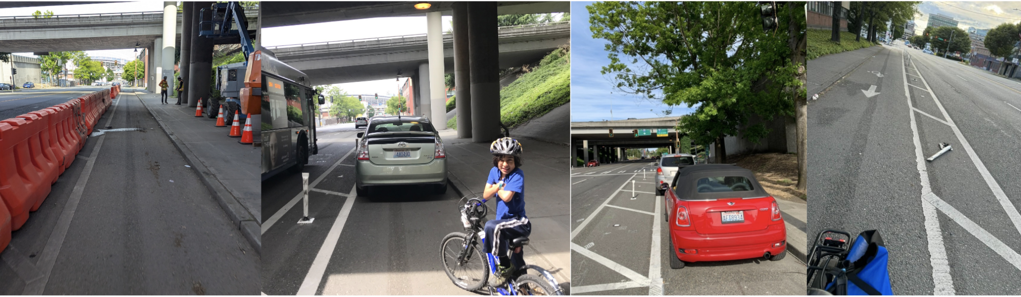 Four photos side by side of Dearborn bike lanes. The first shows construction barricades temporarily protecting workers. The second and third show cars parked in the bike lanes. The fourth shows flexposts flattened where barricades could go