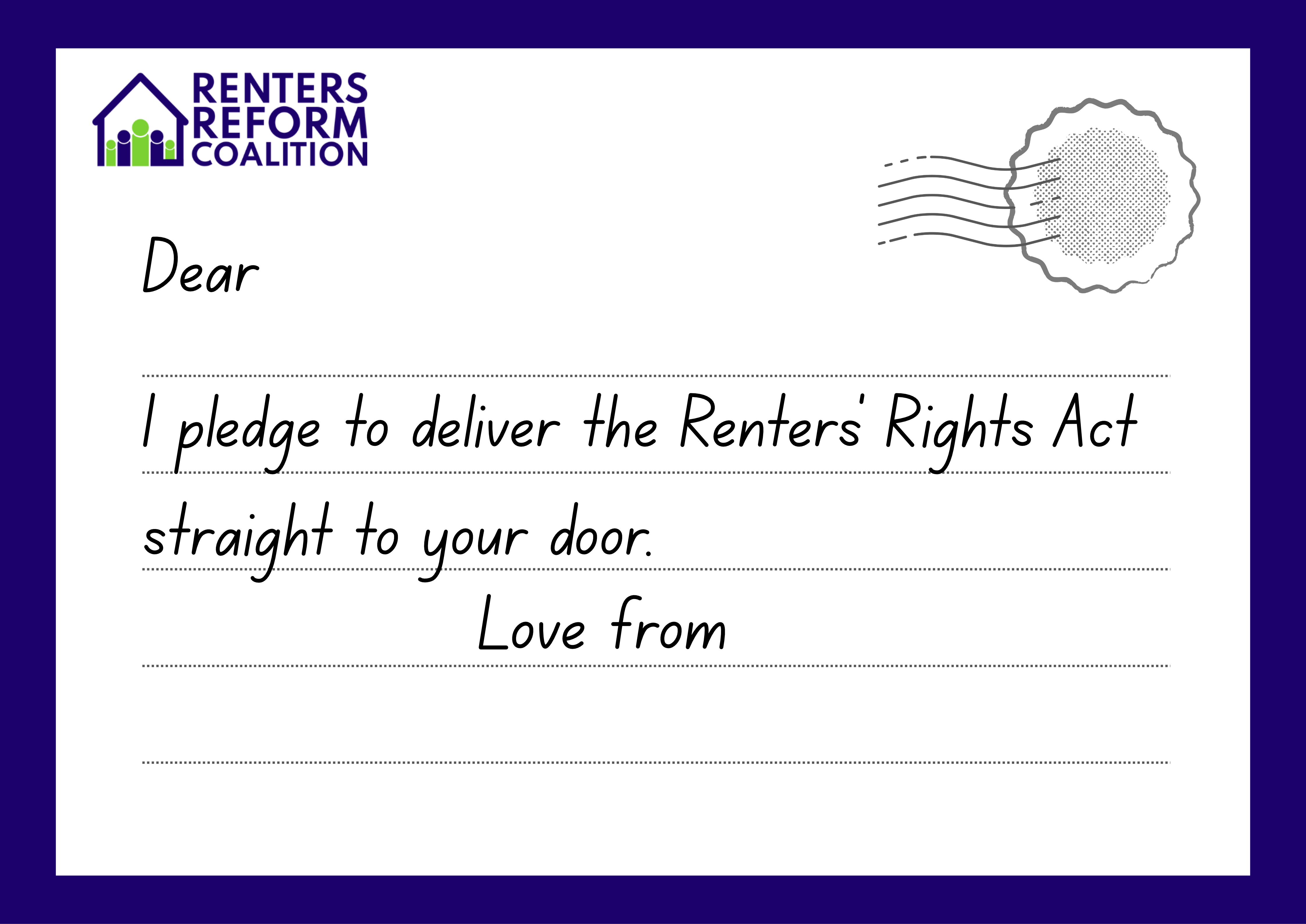 A purple postcard reading "Dear X, I pledge to deliver the Renters' Rights Act straight to your door. Love from X"