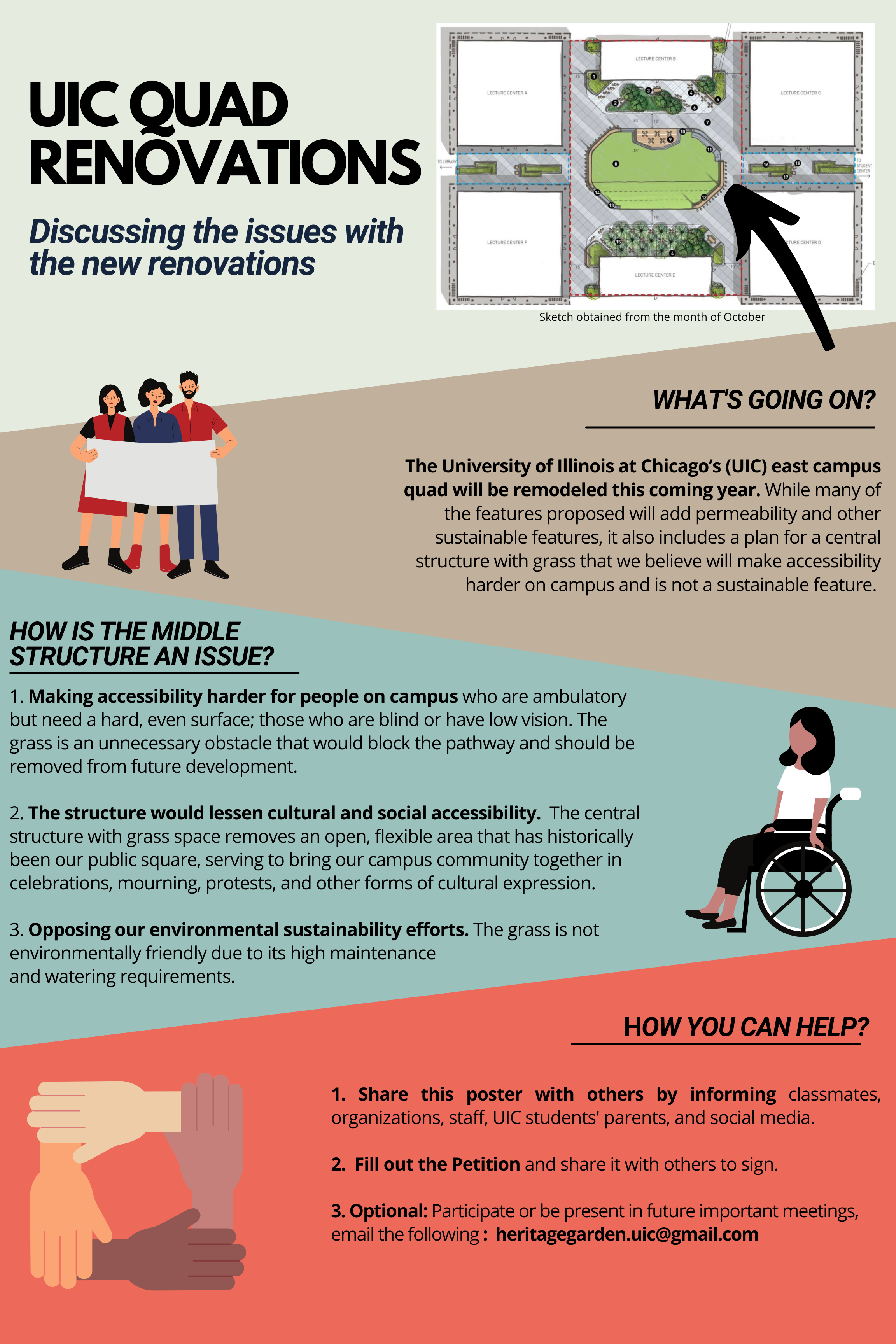 Poster for quad renovation listing the students' objections.