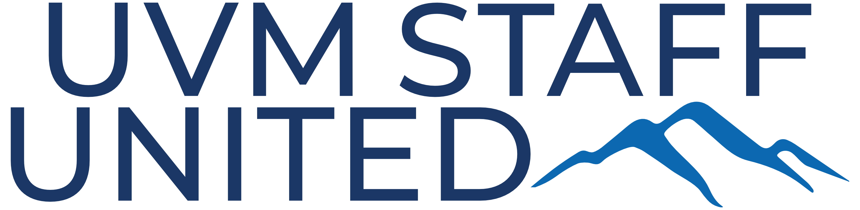 Logo that says UVM Staff United, with an image of mountains to the right