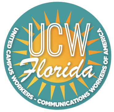 Teal circle with a yellow sun in the center. Across the top white font says "UCW Florida" and around the edge more white text says "United Campus Workers - Communications Workers of America"