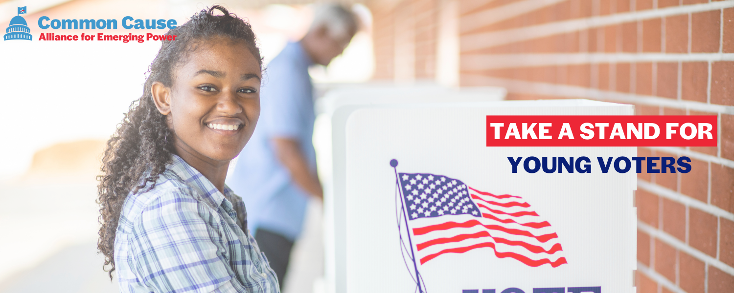 Image of young voter with the text take a stand for young voters.