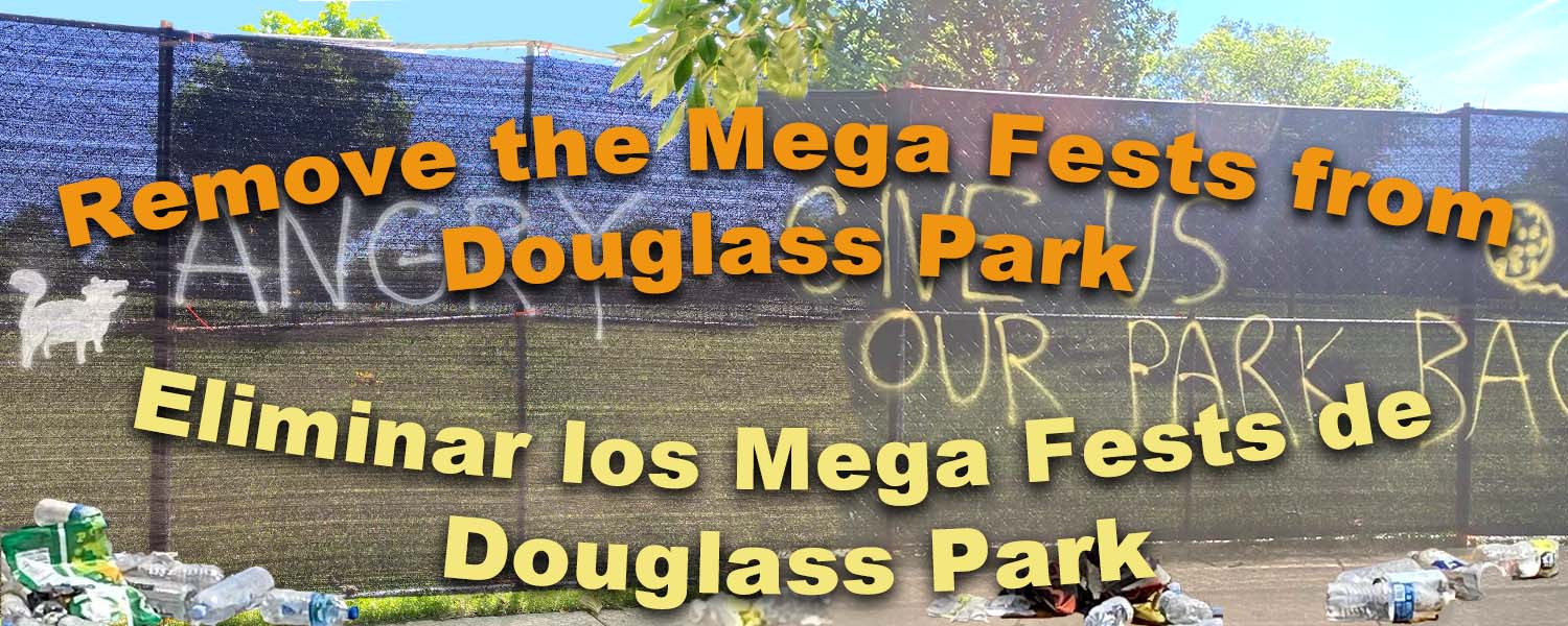 On a fence around Douglass Park it has some spray paint on it that has a drawing of a little dog that says "angry" and "Give us our park back. The blue sky and trees are seen behind the fence, and trash is strewn about on the ground.