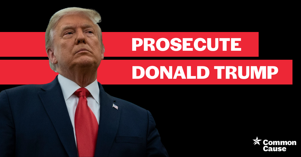 This graphic has a black background and a large image of Donald Trump on the left. On the right, it says PROSECUTE DONALD TRUMP.
