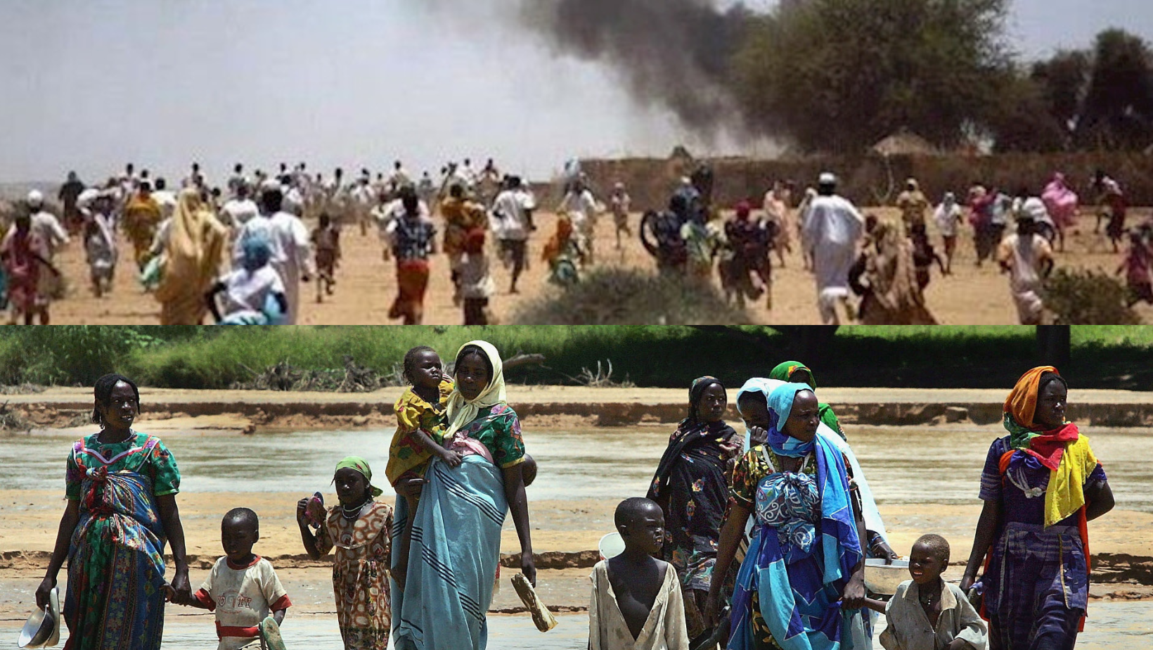 Top image is of civilians fleeing from fire in Darfur. The bottom image is of women and children walking through water in Darfur.