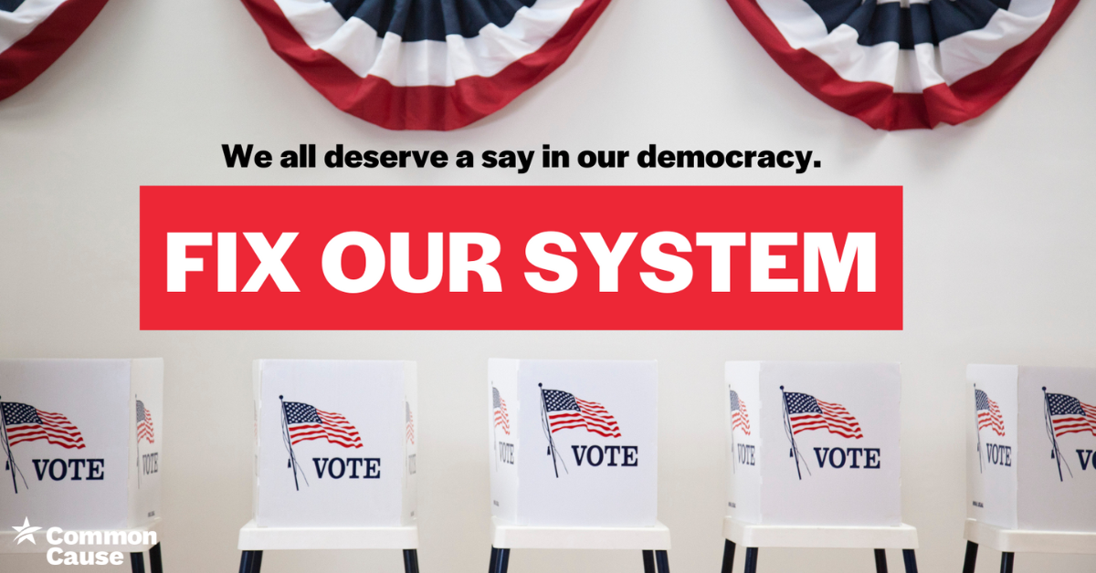 Series of five voting booths with text reading "We all deserve a say in our democracy. Fix our system."