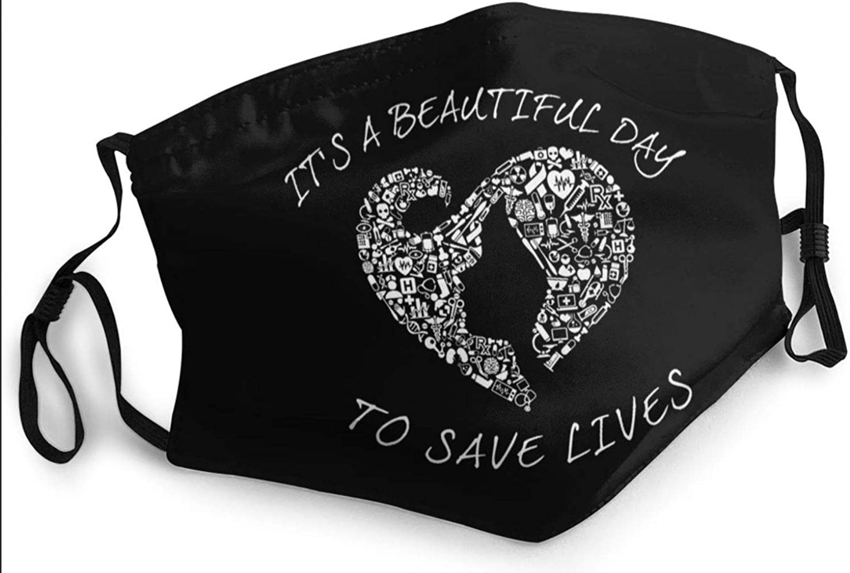Image of black mask with text "It's a beautiful day to save lives," and outline of a woman's face made from a mosaic of healthcare related icons