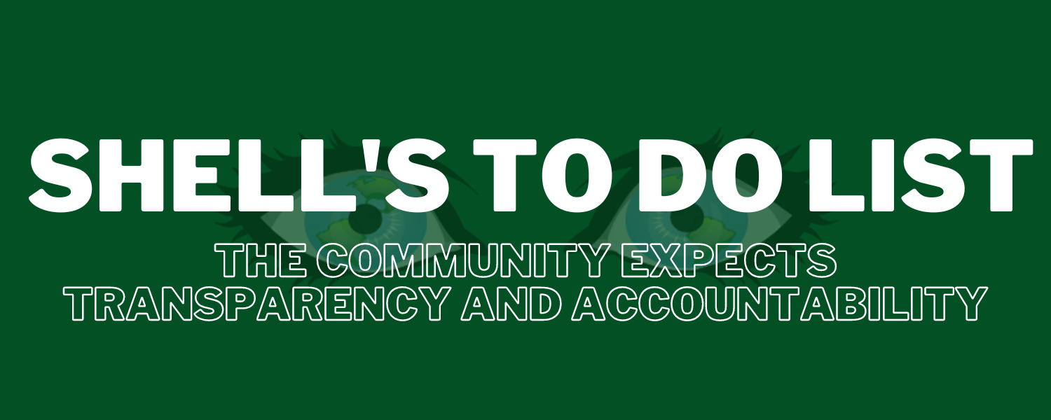 Green rectangle with text reading "Shell's To Do List: The Community Expects Transparency and Accountability". Behind the text are eyes 