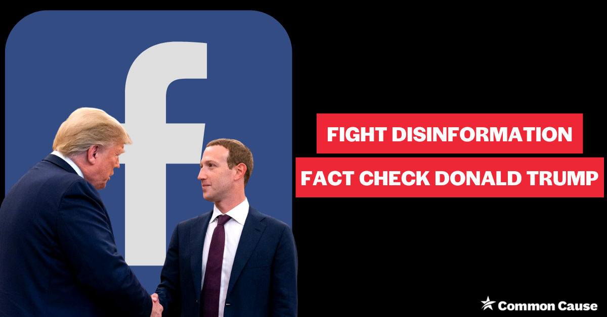 Mark Zuckerberg and Donald Trump shake hands. Text says fight disinformation, fact check Donald Trump.