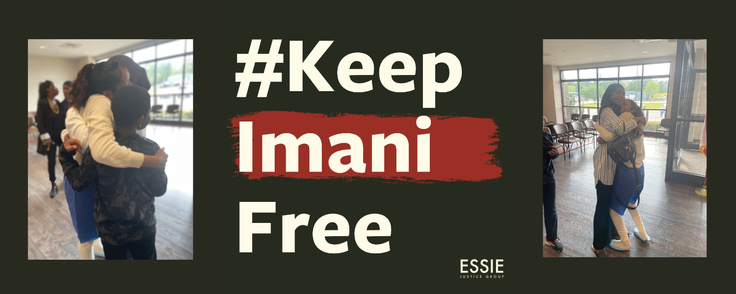 Banner that reads #KeepImaniFree with photos of Imani hugging her mother and her children after being released.