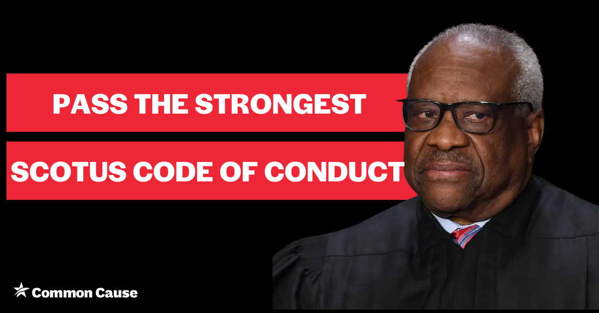 Clarence Thomas with text saying Pass the strongest SCOTUS code of conduct