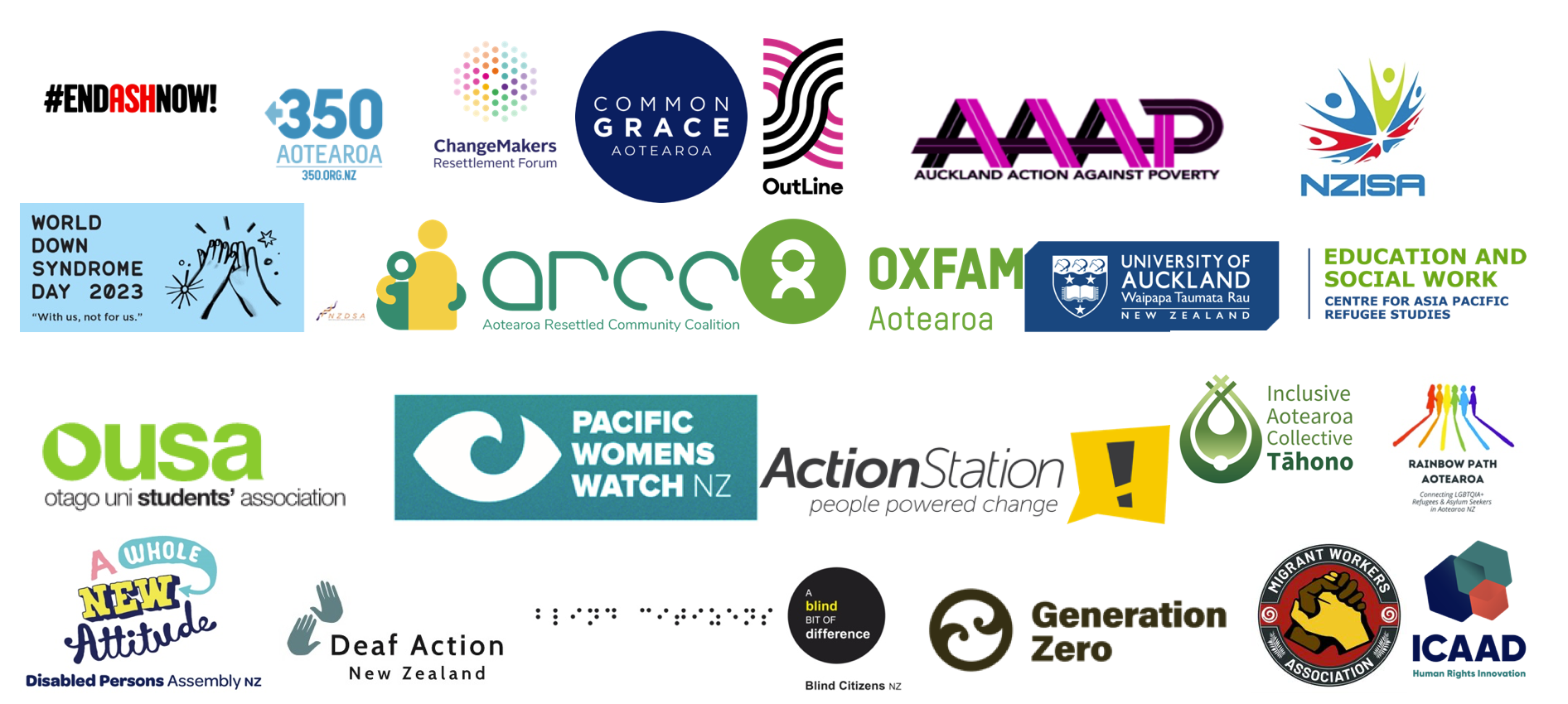 Logo of #ENDASHNOW!, 350 Aotearoa, Change Makers Resettlement Forum, Common Grace Aotearoa, Deaf Action New Zealand, OutLine, Migrant Workers Association, Auckland Action Against Poverty, Oxfam Aotearoa, NZ International Students’ Association and more