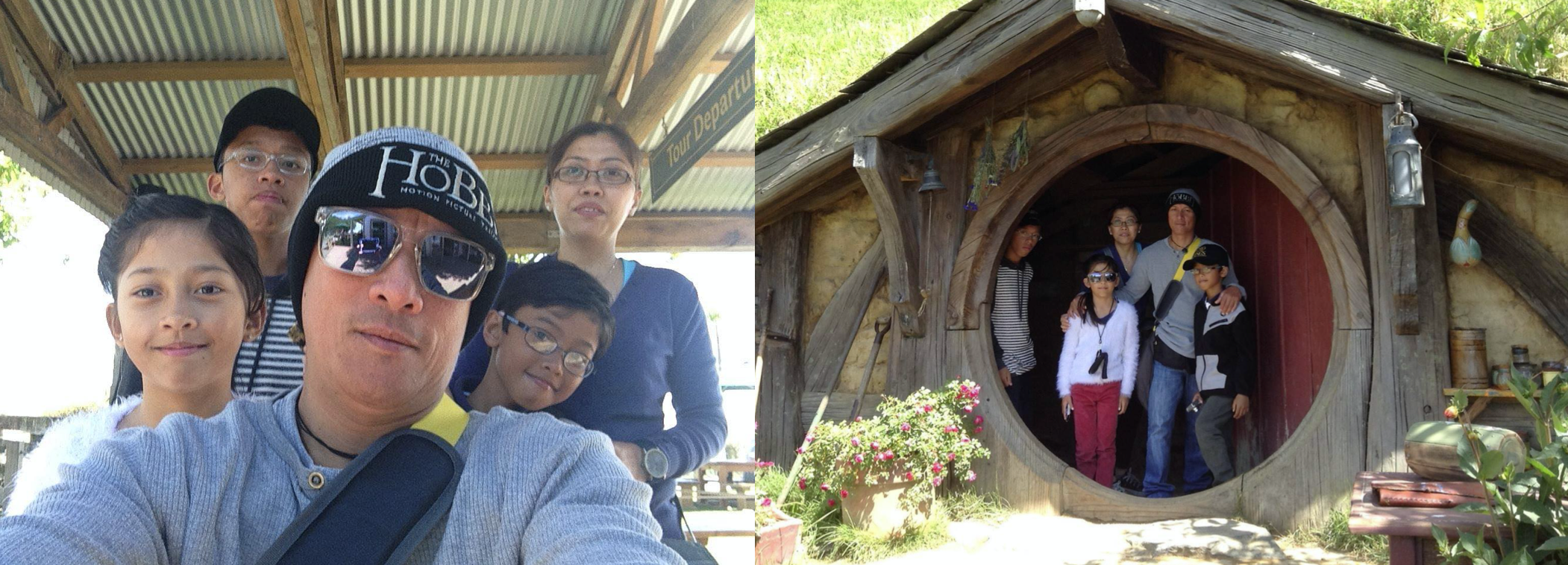 The left photo is selfie of Noland and his family, with Noland in the centre, three of his children and his wife sticking their face from Noland's shoulders, and the right is photo of the family in front the Hobbit house.  