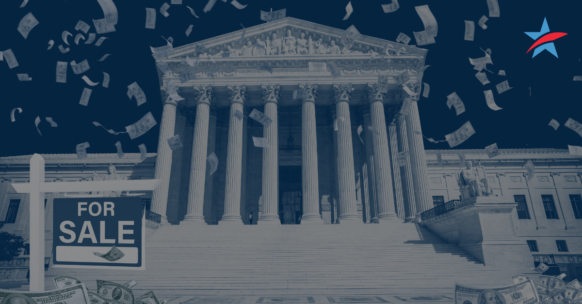 Image of the outside of the U.S. Supreme Court, with a dark blue background, a "for sale" sign out front, and money raining down.