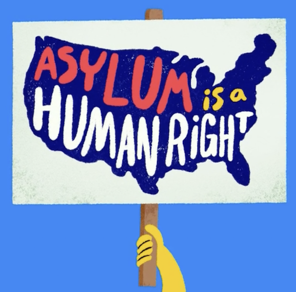 Animated asylum is a human right banner and hand