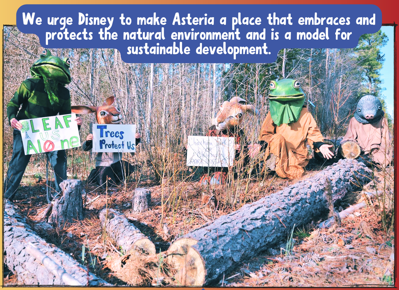 Humans dressed as forest animals holding signs saying to "Leaf Us Alone" and "Save the Forest"