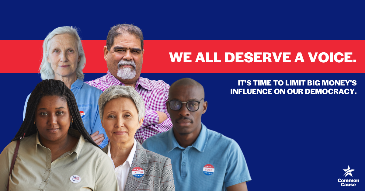 Five people with "I voted" stickers are standing to the left. To the right, text reads "We all deserve a voice. It's time to limit Big Money's influence on our democracy."