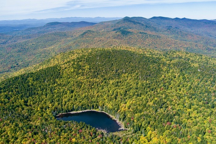 An aerial photograph of the Green Mountain National Forest Telephone Gap project area.
