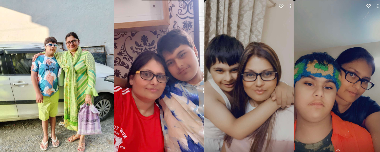 Four photos of Prince and her son Jap. First photo on the left, they are standing next to each other shoulder to shoulder both in beautiful green clothes, the next three photos are their selfie. 