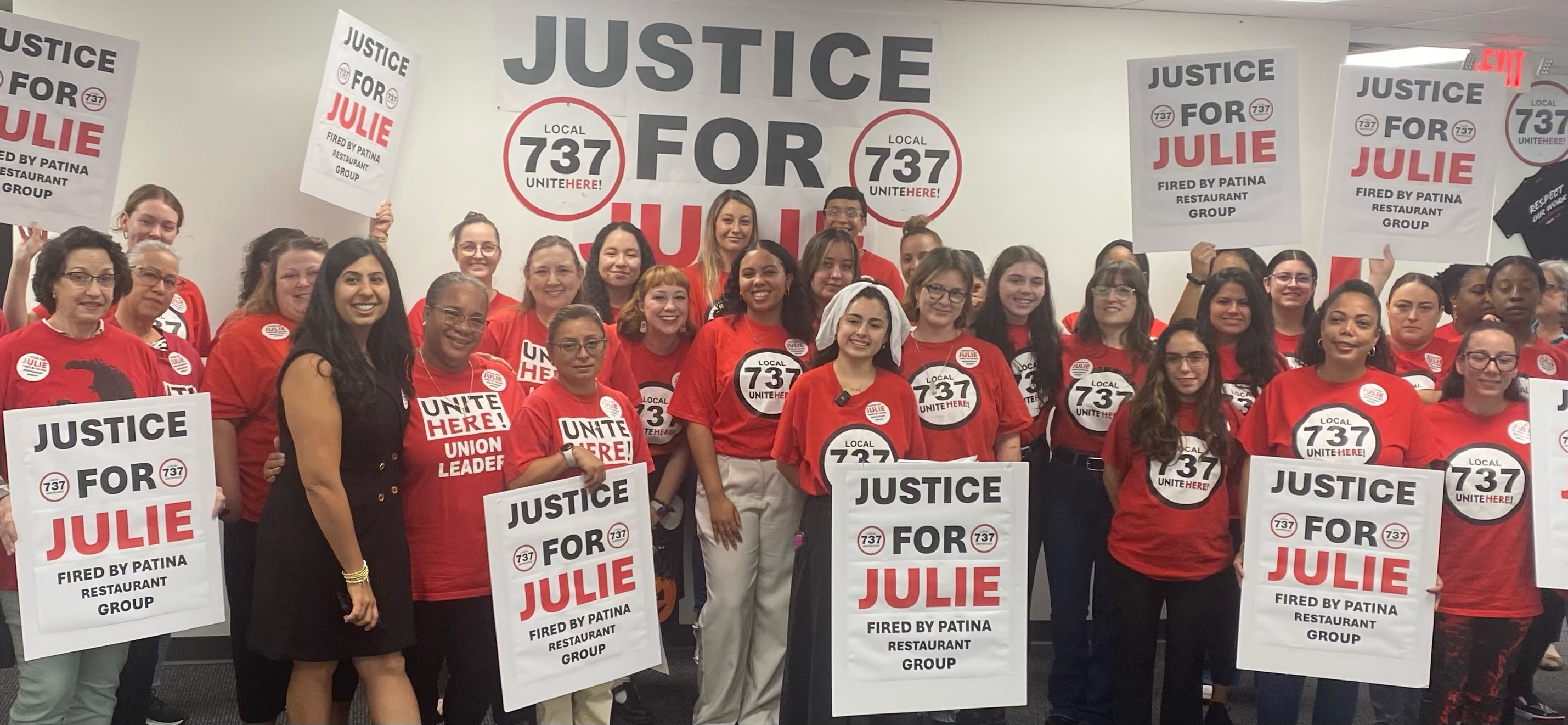 Group photo with Patina workers, Disney workers, and State Rep Anna Eskamani and signs reading "Justice for Julie - Fired by Patina Restaurant Group"