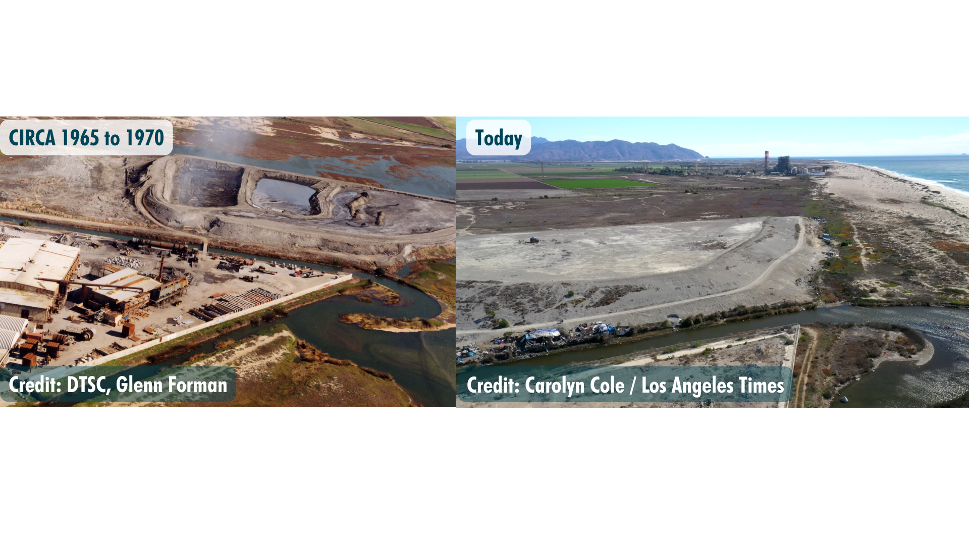 Photo collage of before & after of the Halaco Superfund site in Oxnard, Califonia.