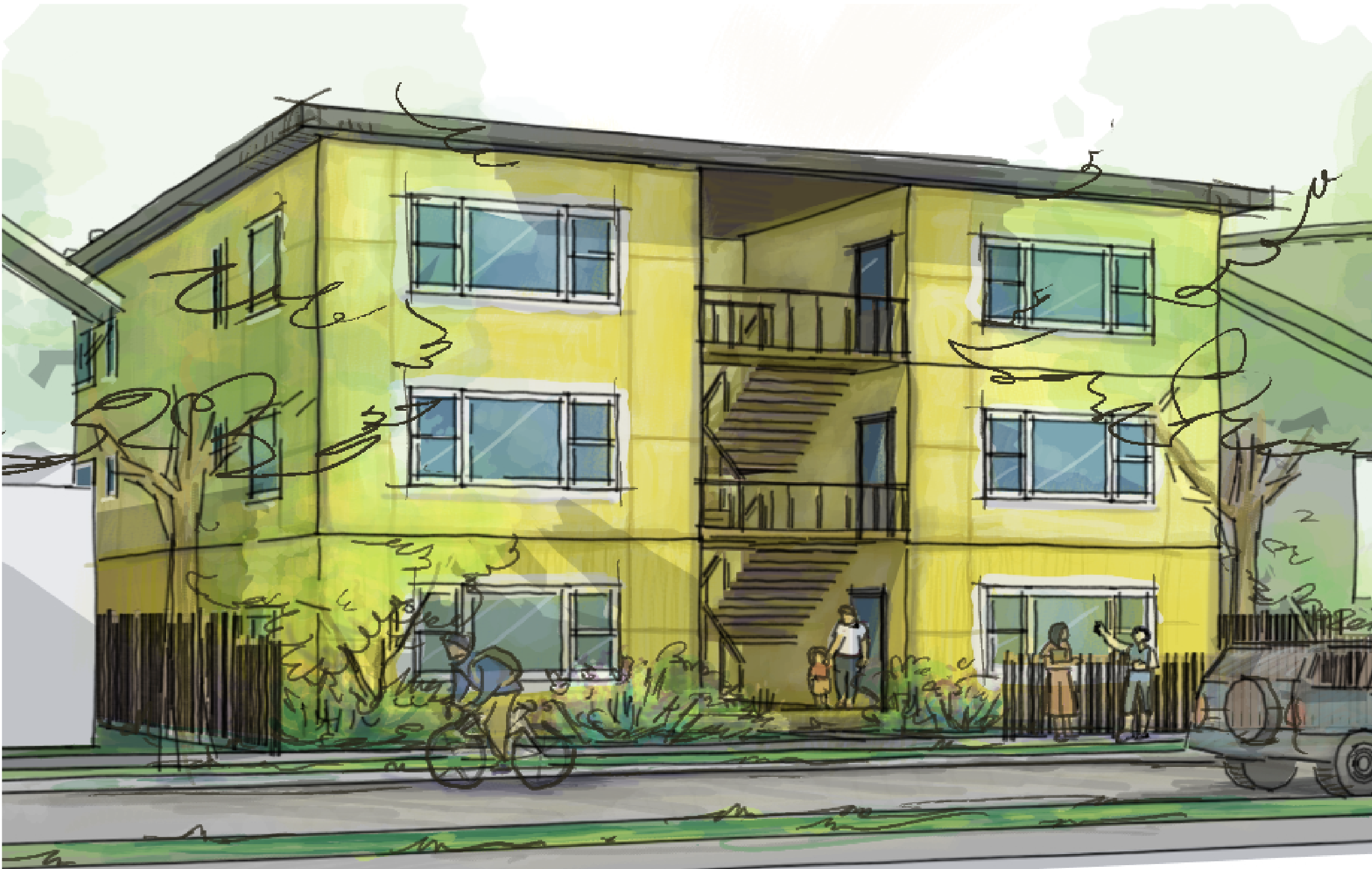 A drawing of a three story yellow building on a quiet street with trees and pedestrians walking by.