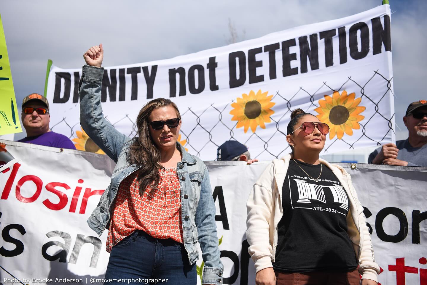 FCI Dublin survivors and advocates Aimee Chavira and Kendra Drysdale speak at a rally to shut down FCI Dublin permanently and block ICE from reopening the prison as an immigration detention center.