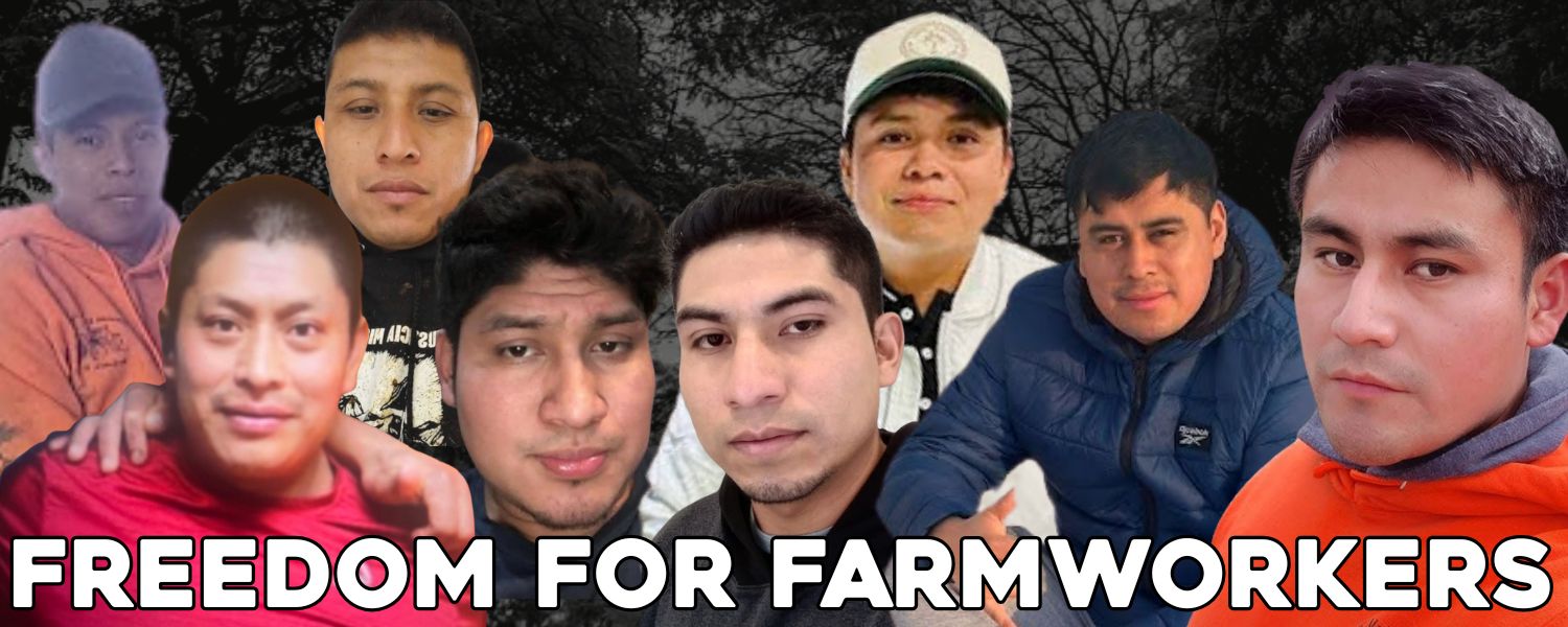 Photos of the eight detained workers, with text "Freedom for farmworkers"