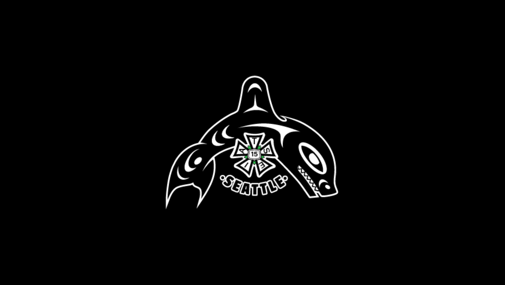 Illustration of an orca whale in the Coast Salish style with the IATSE 15 bug in front of it with SEATTLE written below.