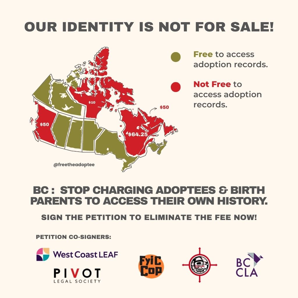 Campaign image that reads "our Identity is not for sale. BC: Stop charging adoptees to access their own history." 