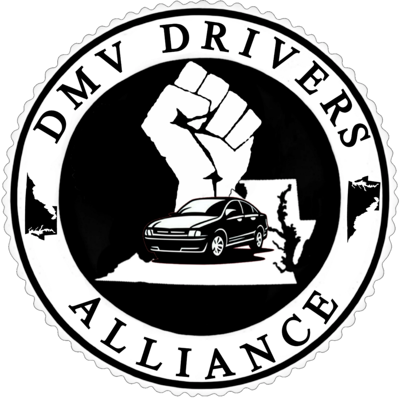 DMV Drivers Alliance Logo, with a silhouette map of all of Virginia, DC and Maryland beneath a sedan and a solidarity fist. "DMV DRIVERS ALLIANCE" wraps around the circular border