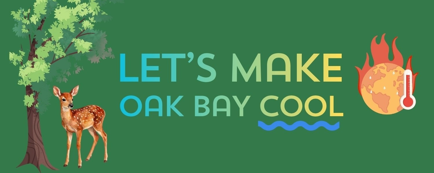 A graphic showing a fawn standing under a tree on the left and a flaming sun on the right. Text reads "Let's make Oak Bay cool."
