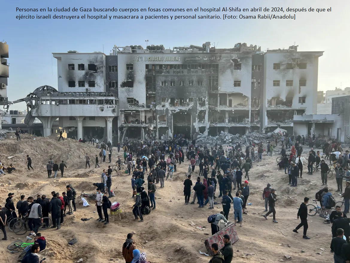 The photograph shows people in Gaza City looking for bodies in mass graves at Al-Shifa Hospital in April 2024, after the Israeli military destroyed the hospital and massacred patients and health care staff
