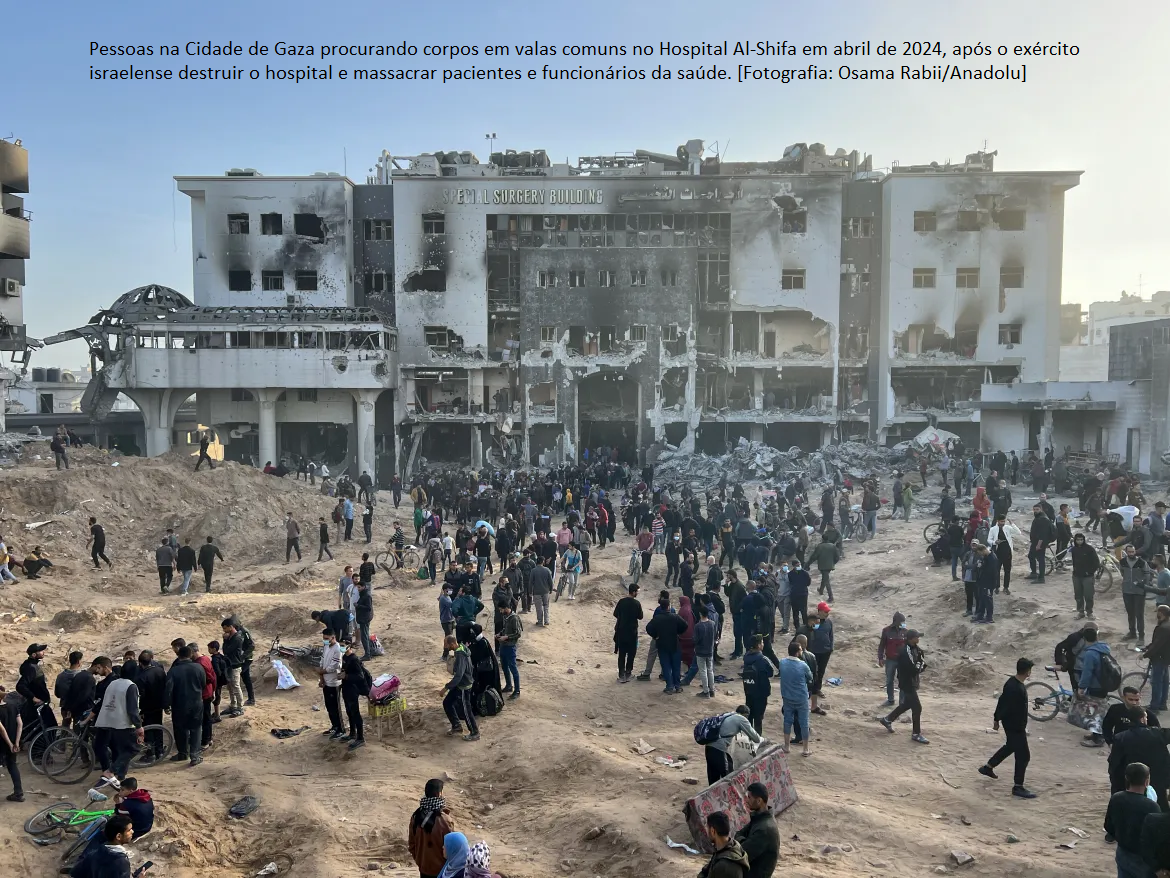 The photograph shows people in Gaza City looking for bodies in mass graves at Al-Shifa Hospital in April 2024, after the Israeli military destroyed the hospital and massacred patients and health care staff