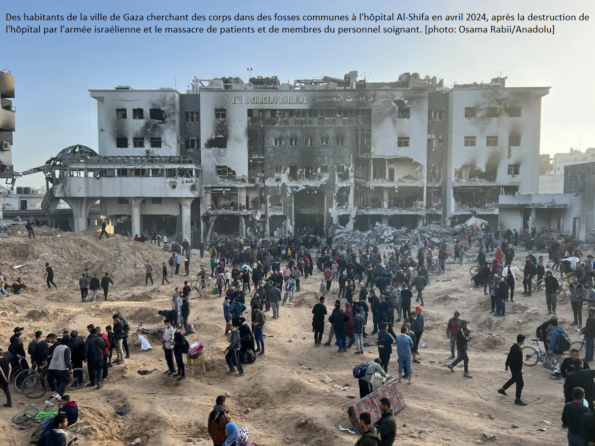 The photograph shows people in Gaza City looking for bodies in mass graves at Al-Shifa Hospital in April 2024, after the Israeli military destroyed the hospital and massacred patients and health care staff