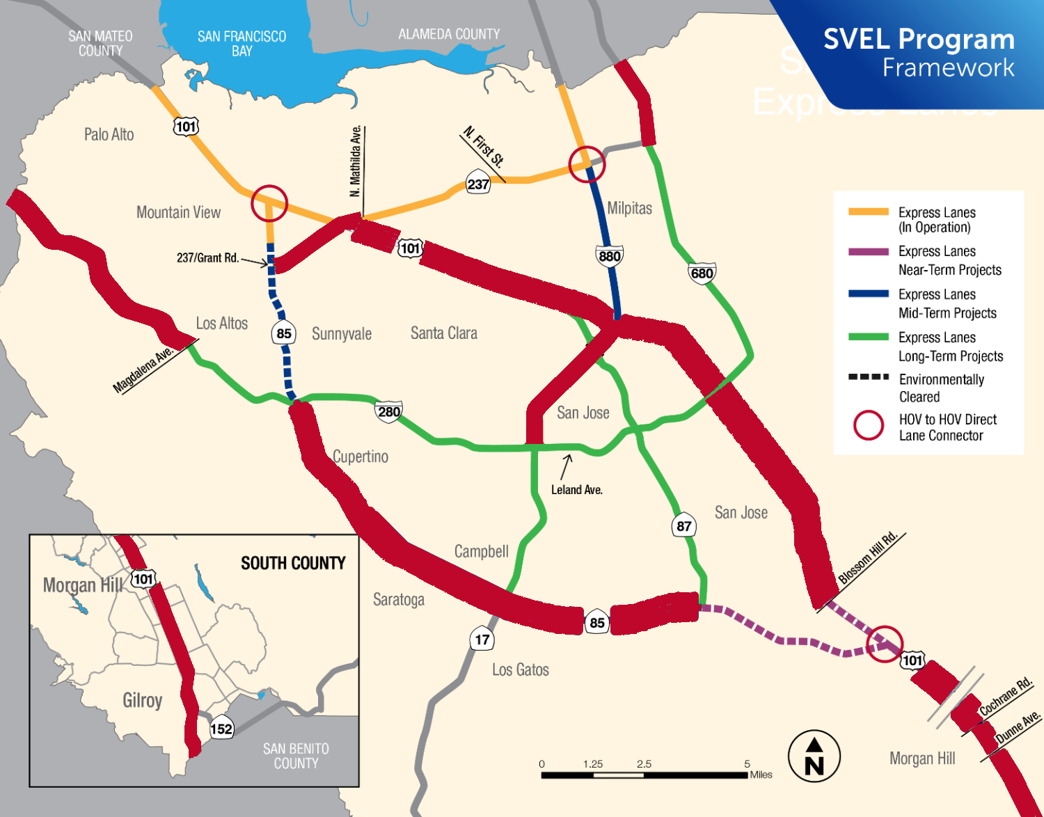 Red highway segments are planned or proposed to have new lanes added, as of the April 2026 draft SVEL Strategic Plan