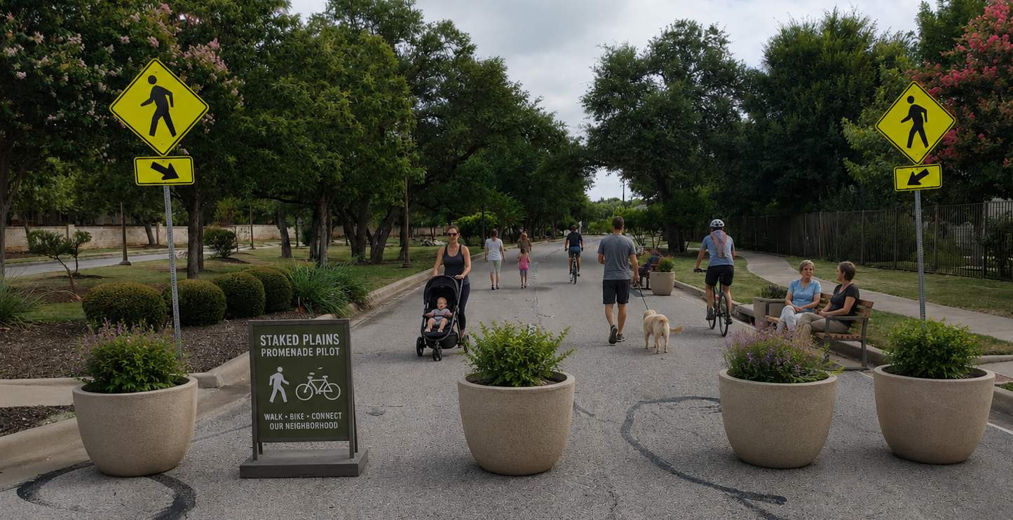 Concept rendering of a temporary promenade on Staked Plains Drive with neighbors walking, bicycling, sitting, and pushing a stroller.