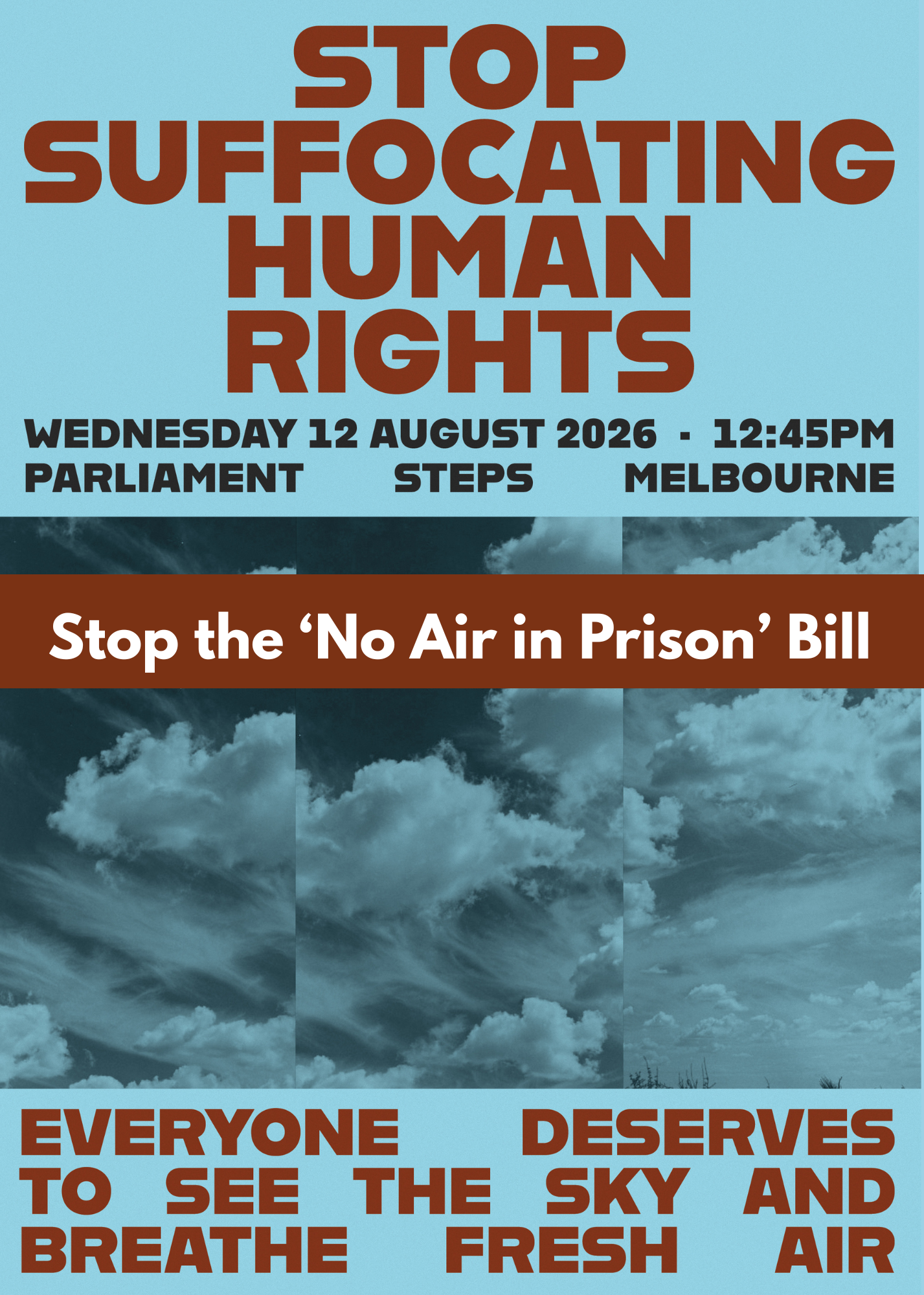An image promoting a rally on the 12th of August at 1230 protesting the Victorian Government's amendment to the Corrections Act