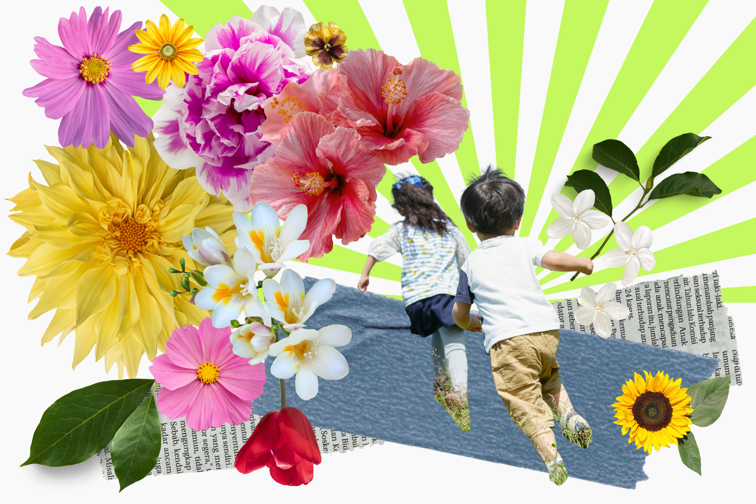 Collage illustration of two children running towards an explosion of flowers